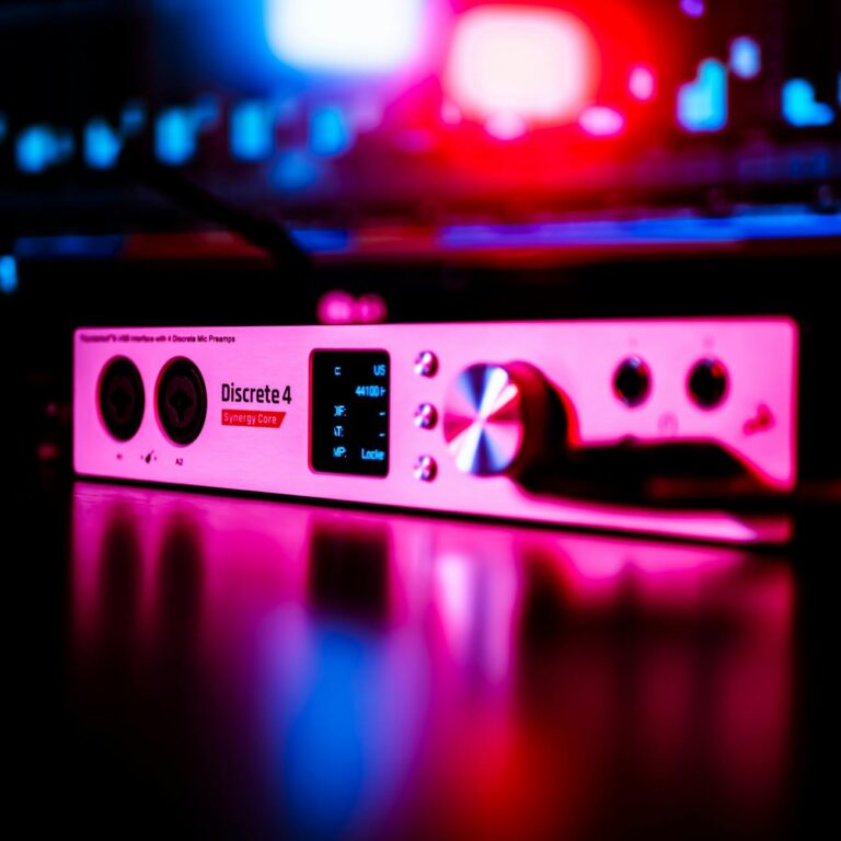 Close-up of an audio interface with vibrant neon lighting in a music studio.