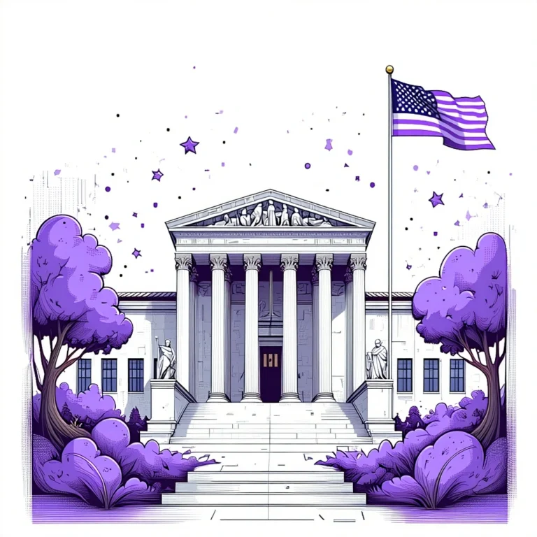 Generate an eye-catching, purple cool cartoon images: Executive Order on Birthright Citizenship: Mus