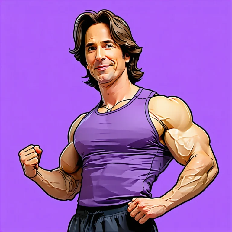 Generate an eye-catching, purple cool cartoon images: Dick Van Dyke’s Stunning Gym Flex with Rick
