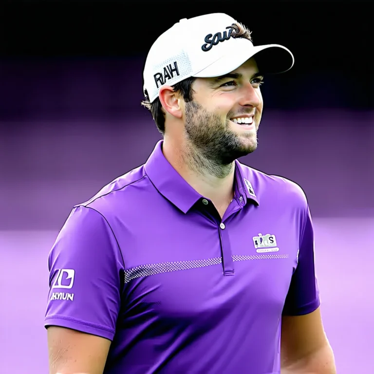 Generate an eye-catching, purple cool cartoon images: Jon Rahm's Spectacular Chip Boosts Team Europe