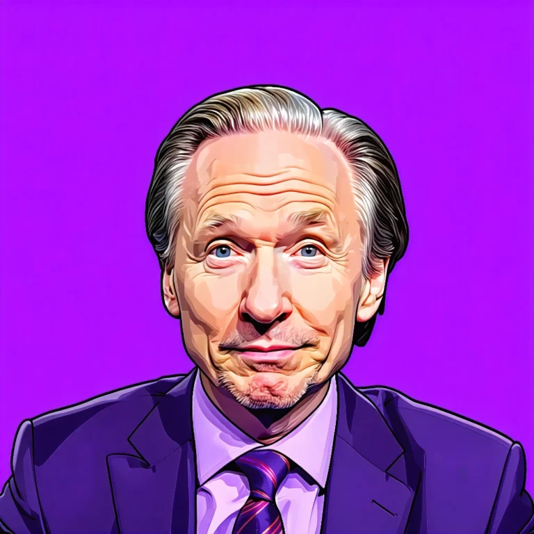Generate an eye-catching, purple cool cartoon images: Bill Maher: Must-Have Guide to Bringing Back O