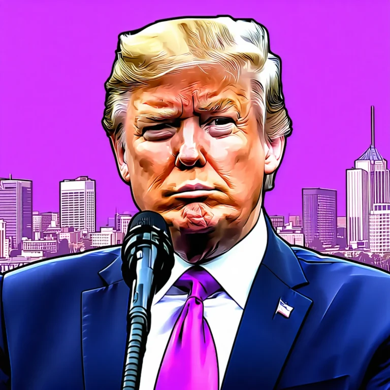 Generate an eye-catching, purple cool cartoon images: Trump Vows Full Force: Exclusive Plan to End P
