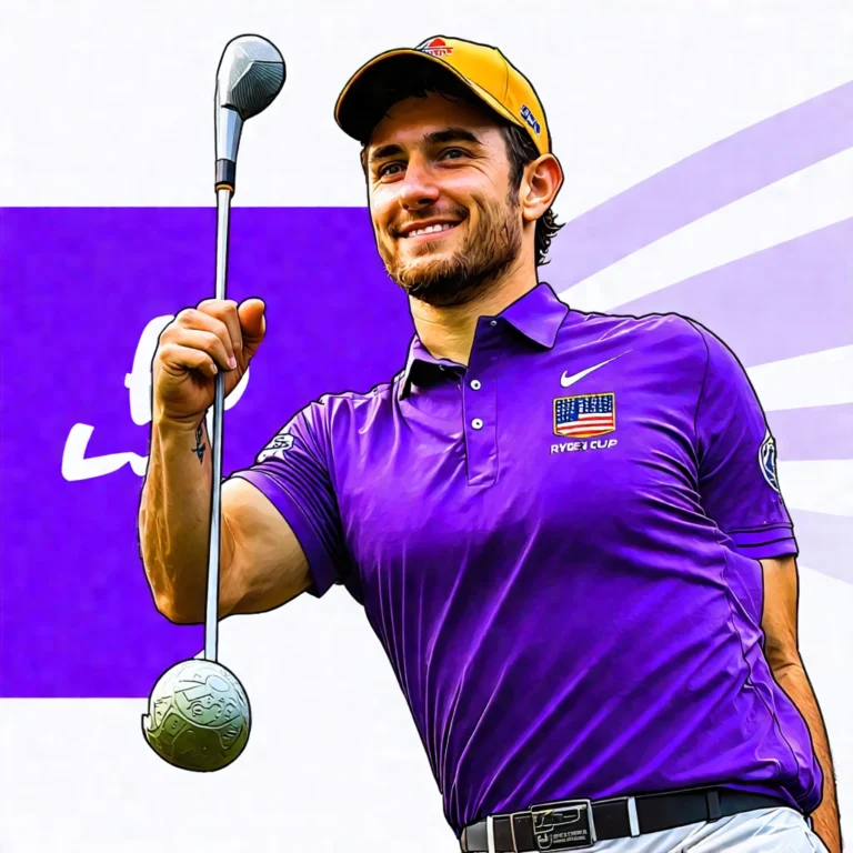 Generate an eye-catching, purple cool cartoon images: Jon Rahm Spectacular Chip Boosts Team Europe's