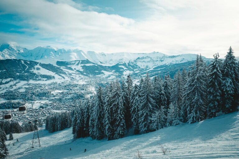 Breathtaking view of snow-covered trees and mountains in Megève, France, capturing winter's serene beauty.