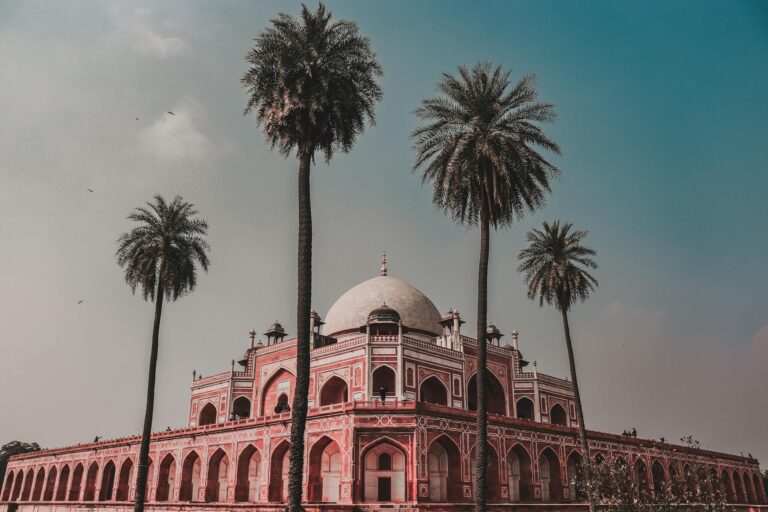 A captivating view of Humayun's Tomb surrounded by palm trees against a clear sky in New Delhi, India.