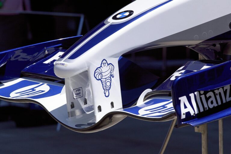 Detailed view of the Williams BMW Formula 1 race car nose with sponsor logos.
