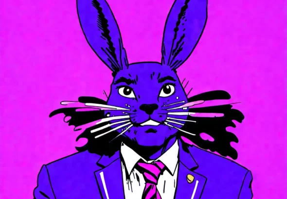 Generate an eye-catching, purple cool cartoon images: Bad Bunny Shocks MAGA Fans with Stunning Boldn