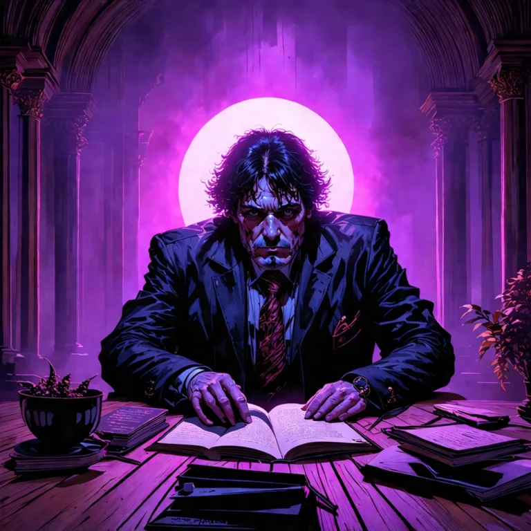 Generate an eye-catching, purple cool cartoon images: Guillermo del Toro’s Stunning Warning: AI Ar