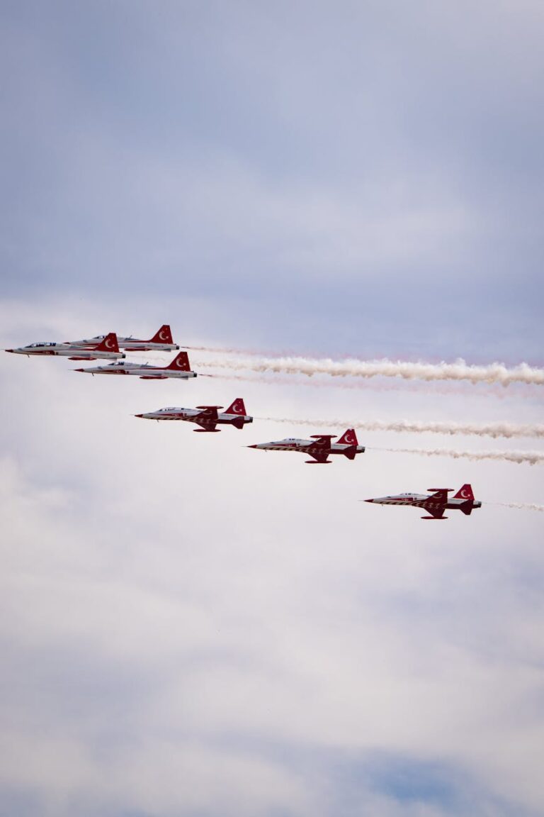 Air show with jets performing formation flying against a clear sky.