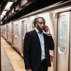 Serious African American male in formal suit talking on smartphone while waiting for underground train to stop