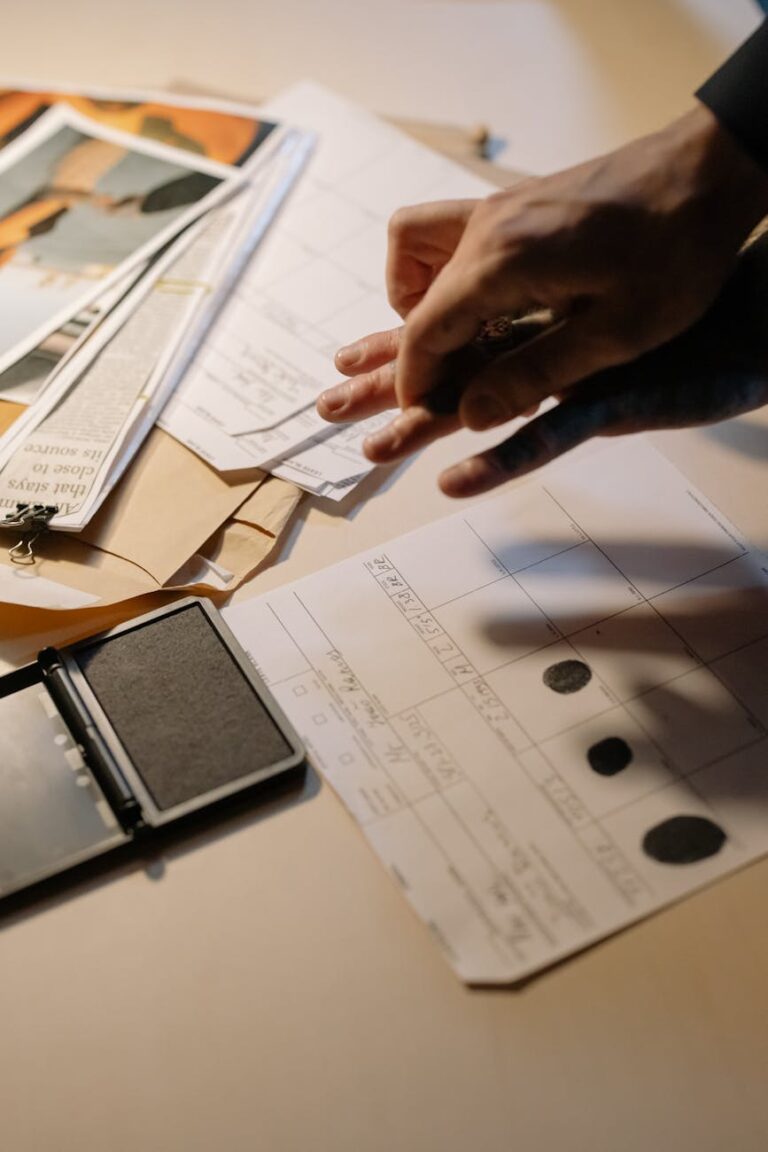 Detailed view of fingerprinting process with documents and ink pad on a desk, focusing on identity verification.
