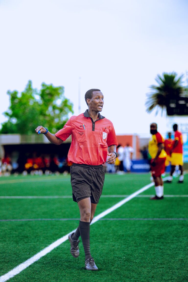 Action shot of a soccer referee on a green field, guiding the game.