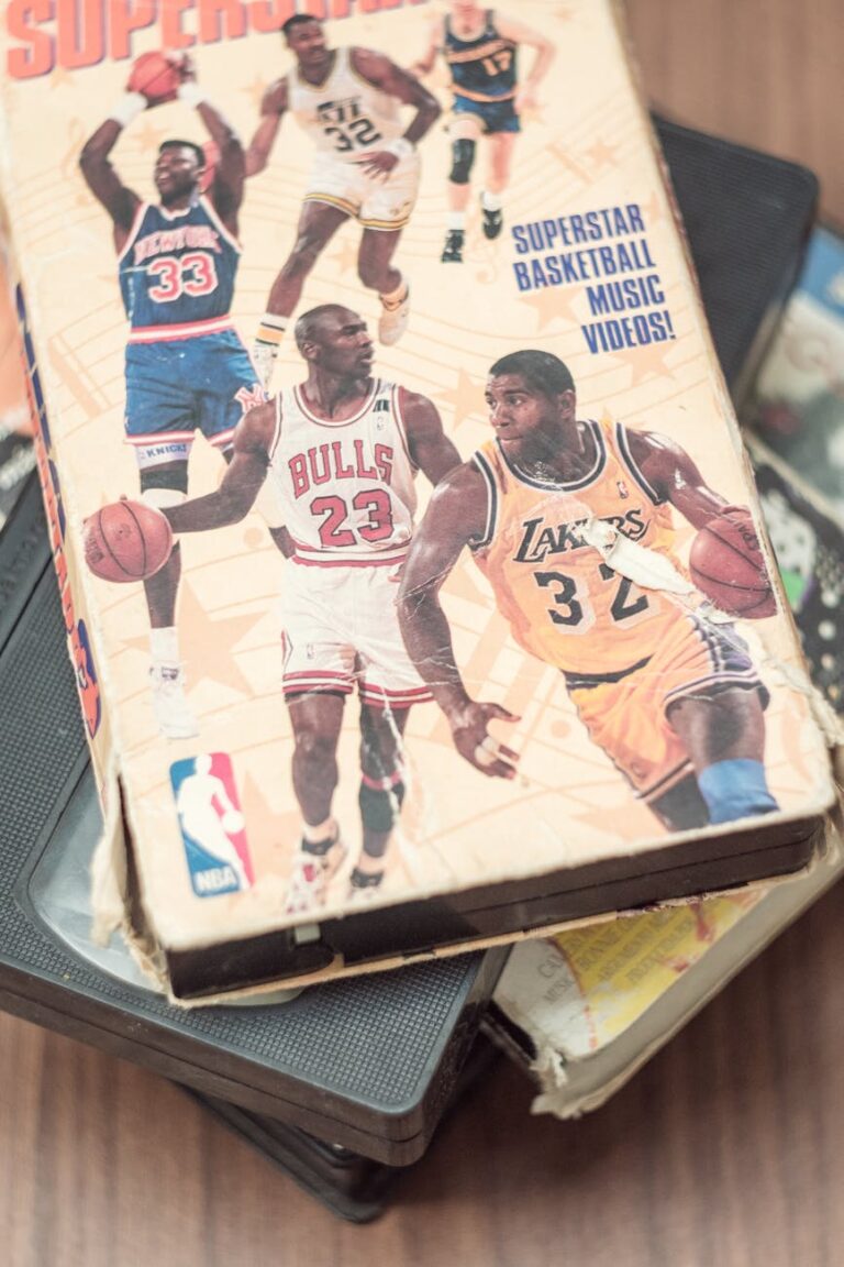 Old VHS tape featuring classic basketball videos of iconic NBA players.