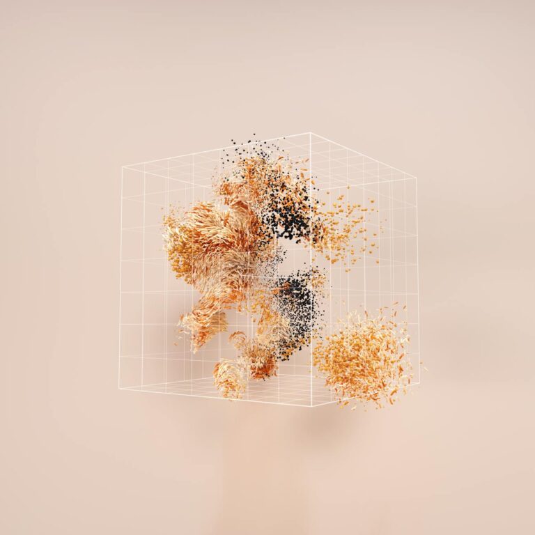 A conceptual 3D cube displaying abstract data visualization with dynamic particles.