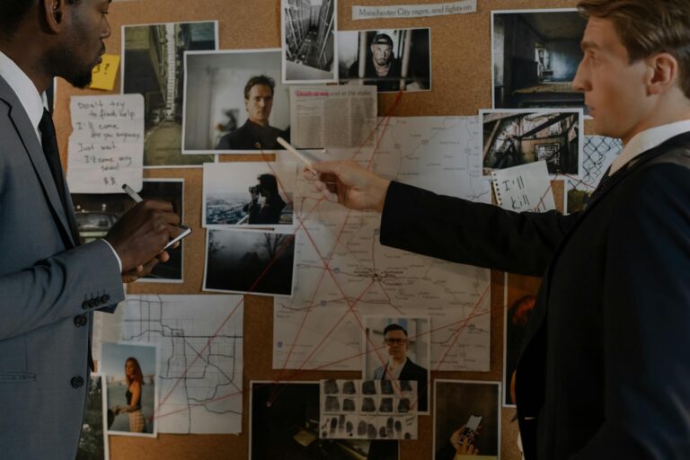 Two detectives analyze a crime board filled with photos, maps, and notes for an investigation.