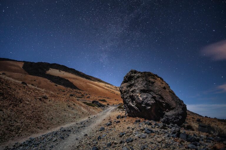 Stunning night sky over a rocky path in Tenerife, showcasing the Milky Way.