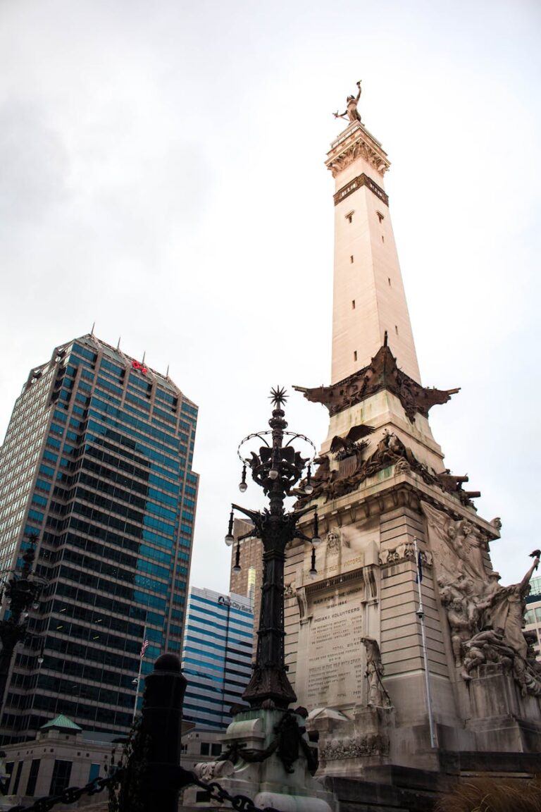 A stunning upward view of the iconic Soldiers and Sailors Monument in downtown Indianapolis.