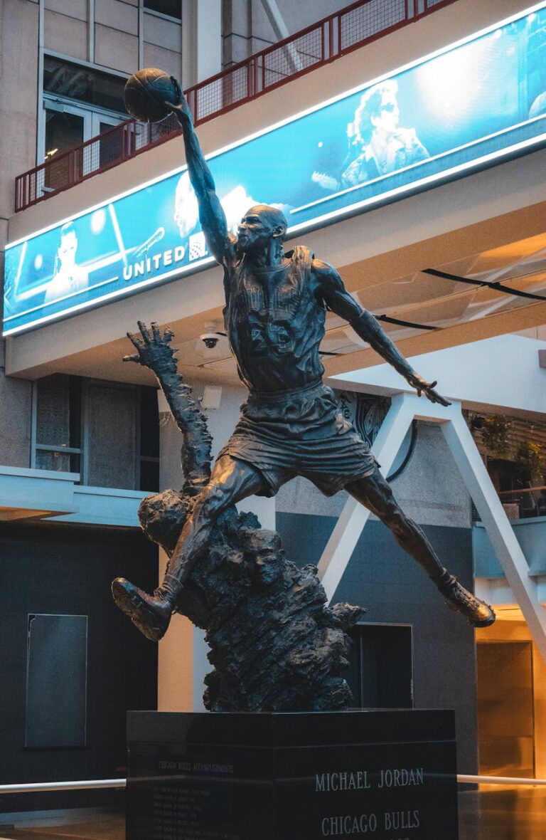 Michael Jordan statue in United Center atrium, Chicago Bulls legend.