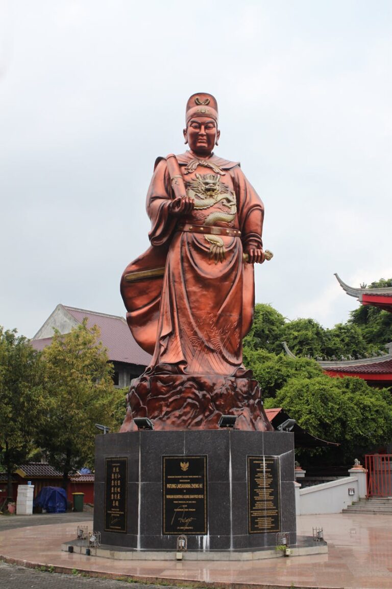 Impressive Zheng He statue at Sam Poo Kong Temple, a cultural landmark in Semarang, Indonesia.